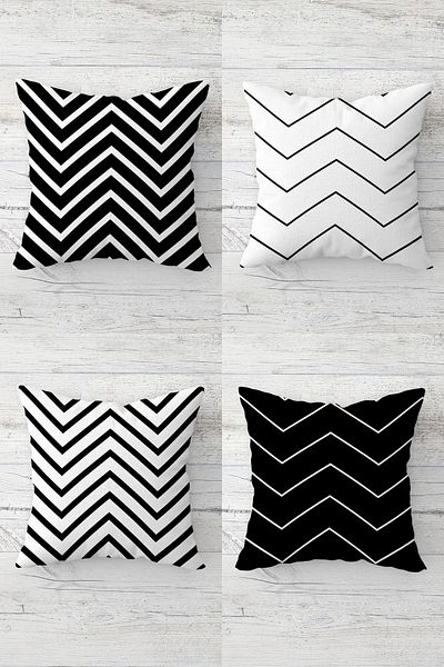 linazaitun Zigzag Patterned Black and White Concealed Zippered Throw Pillow Cover Sofa Pillow Cover Set (4pcs)