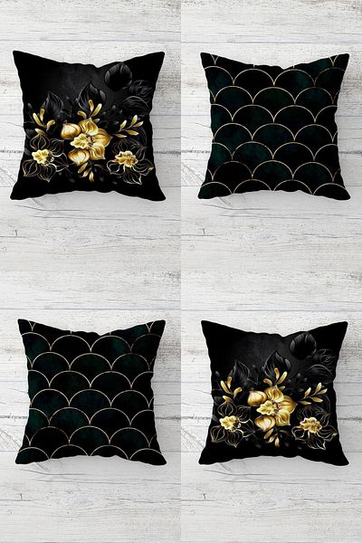 on the clouds Gold Rose Patterned Hidden Zippered Throw Pillow Cover Sofa Pillow Cover Set (4pcs)