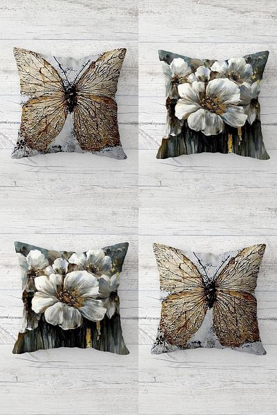 Pelangi Flower And Gold Butterfly Patterned Hidden Zippered Throw Pillow Cover Sofa Pillow Cover Set (4pcs)