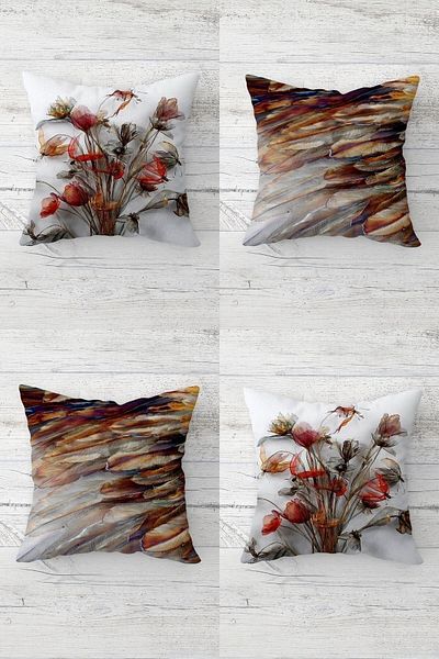 linazaitun Poppy Bouquet and Feather Concealed Zippered Throw Pillow Cover Sofa Pillow Cover Set (4 Pieces)
