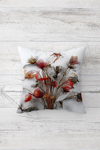 linazaitun Poppy Bouquet and Feather Concealed Zippered Throw Pillow Cover Sofa Pillow Cover Set (4 Pieces)