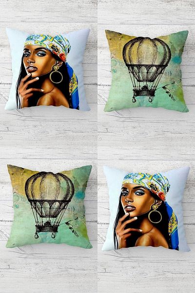 on the clouds Flying Balloon And African Woman Pattern Concealed Zippered Throw Pillow Case Seat Pillow Case Set(4pcs)