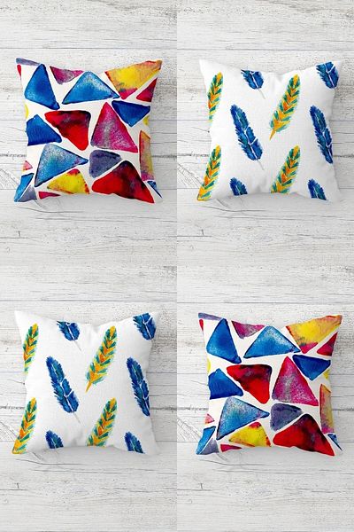 linazaitun Feather and Colorful Triangle Block Hidden Zippered Throw Pillow Cover Sofa Pillow Cover Set (4pcs)