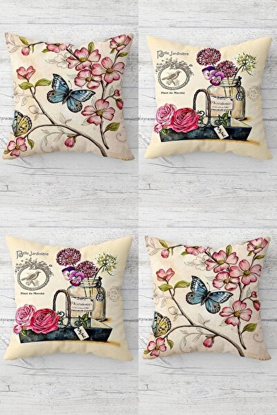 Pelangi غطاء وسادة على شكل فراشة وزهرة منقوشة عتيقة - سحاب مخفي، مجموعة من 4 قطع