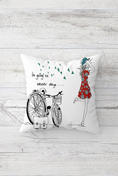 on the clouds Bicycle And Free Girl Themed Hidden Zippered Throw Pillow Cover Seat Pillow Cover Set(4pcs)