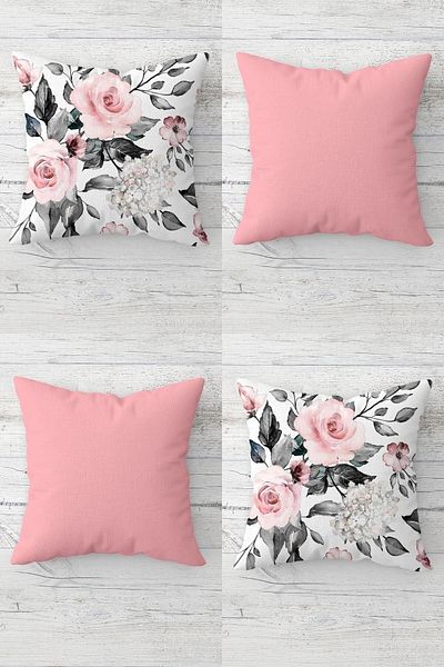 linazaitun Rose Bouquet Patterned and Plain Throw Pillow with Hidden Zipper Throw Pillow Cover Seat Pillow Cover Set (4pcs)