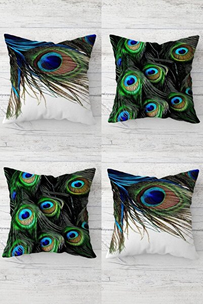 Pelangi طقم غطاء وسادة للأريكة بتصميم ريش الطاووس وسحاب مخفي (4 قطع)