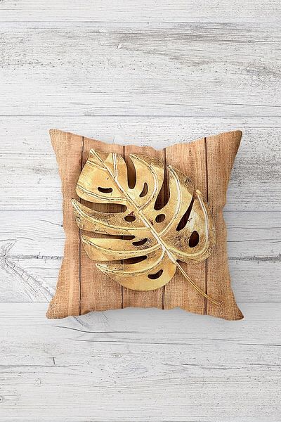 Pelangi Wooden Patterned - Hidden Zippered Throw Pillow Cover Set 4 Pieces Gold Leaves