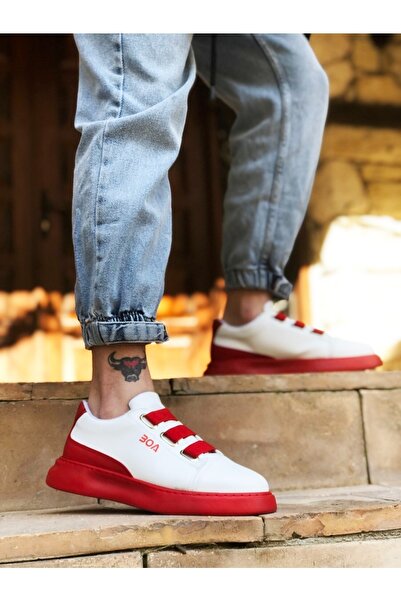 BOUIS Men's White Red Casual Three-Stripe Comfortable Sneakers Thick Comfortable Sole Stylish Walking Shoes