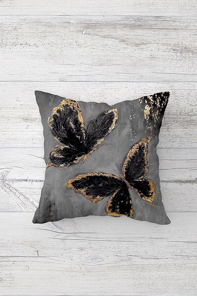 Pelangi Butterfly Flower Gold Striped Hidden Zippered Throw Pillow Cover Seat Pillow Cover Set (4pcs)