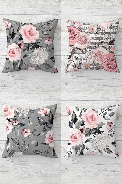 Pelangi Rose Bouquet Patterned Vintage Concealed Zippered Throw Pillow Cover Sofa Pillow Cover Set (4pcs)