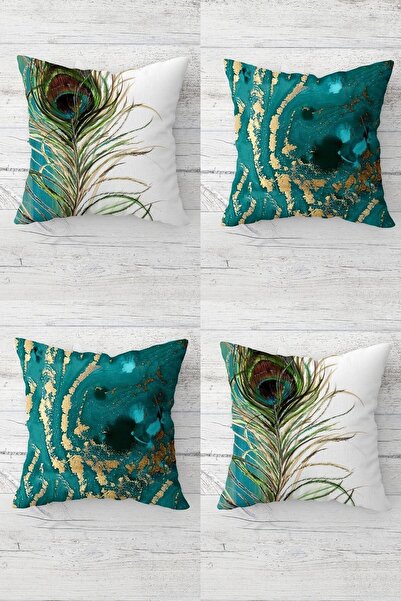 Pelangi Tavuskuşu Tüyü Ve Gold Batik Geçişli Gizli Fermuar Kırlent Kılıfı Kol...