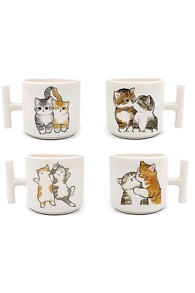 RHG Art Double Turkish Coffee Cup & Espresso Naughty Naughty Kittens 4-Piece White T Cup Set 4 Pieces