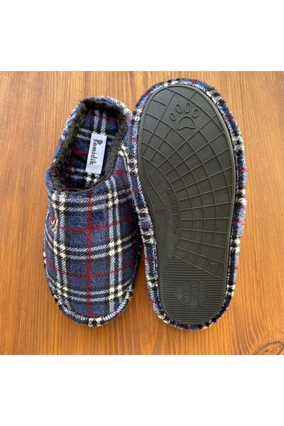 Pomidik Erkek Lacivert Kareli Önü Kapalı Ev Terliği