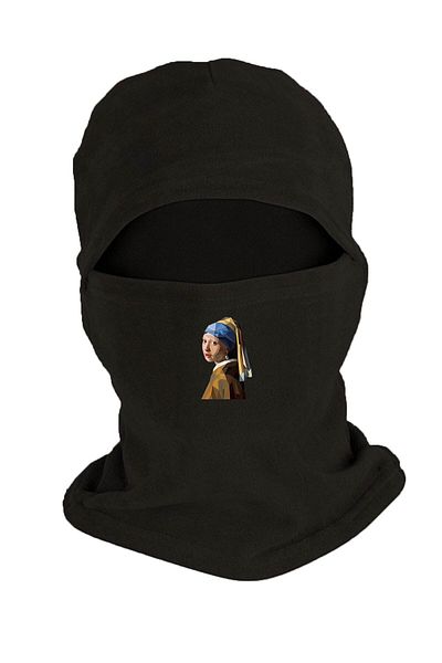 Zeron Tasarım Printed Black Fleece Snow Mask for Girl - Winter with Pearl Earrings Bll927