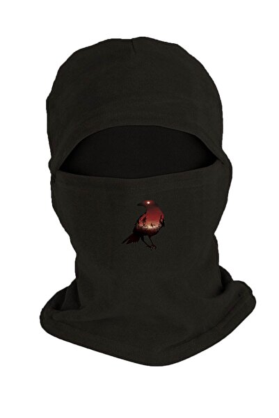 Zeron Tasarım Mască de zăpadă din polar de iarnă cu imprimeu Crow, neagră Bll337