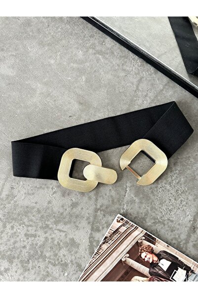 laughs Kadın Çizgili Siyah Gold Kare Tokalı Lastikli Elbise Ceket Kaban Kemeri Kmr0091