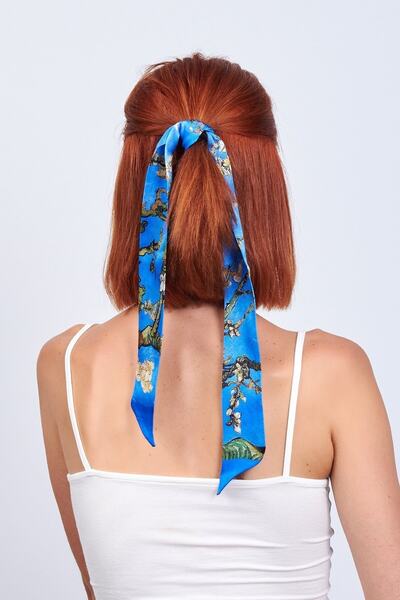 Nomads Felt Silk Twilly Scarf| Blue Van Gogh Almond Flower| Nomads Felt