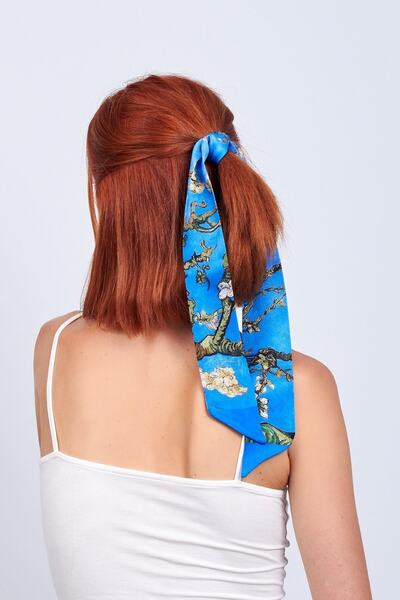 Nomads Felt Silk Twilly Scarf| Blue Van Gogh Almond Flower| Nomads Felt
