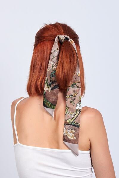 Nomads Felt Silk Twilly Scarf| Beige Van Gogh Almond Tree| Nomads Felt