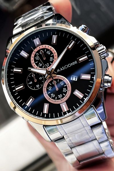 mascionni Men's Wristwatch 3 Atm Waterproof Silver Color Steel Strap + Natural Stone Bracelet Elg390