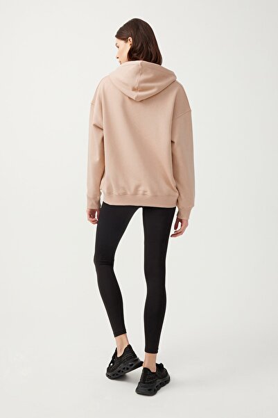 Los Ojos Women's Beige Hooded Oversize Ribbed Zippered Knitted Sweatshirt