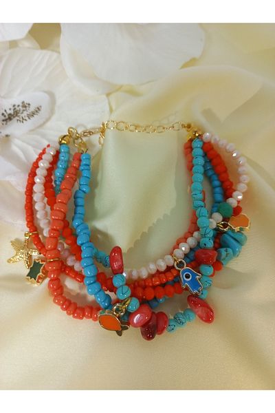 İPAR AKSESUAR Women's Multicolor Orange Turquoise Design Bracelet