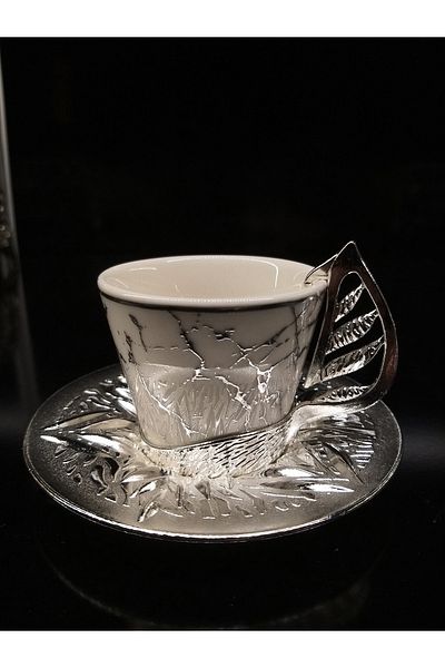 En Ucuz Mağaza Platinum / Silver Zamak Metal Coffee Cup Set 6 Person Set 12 Pieces Marble Pattern