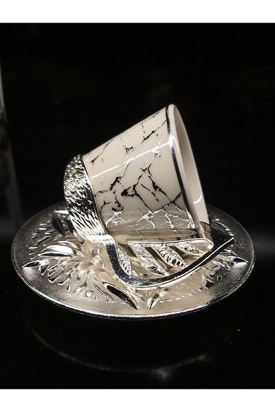 En Ucuz Mağaza Platinum / Silver Zamak Metal Coffee Cup Set 6 Person Set 12 Pieces Marble Pattern