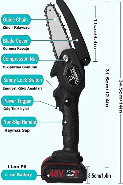 Anadolu Strong Çift Akülü Çift Zincirli Budama Testeresi Taşıma Çantalı 48vf Şarjlı Testere Eldiven