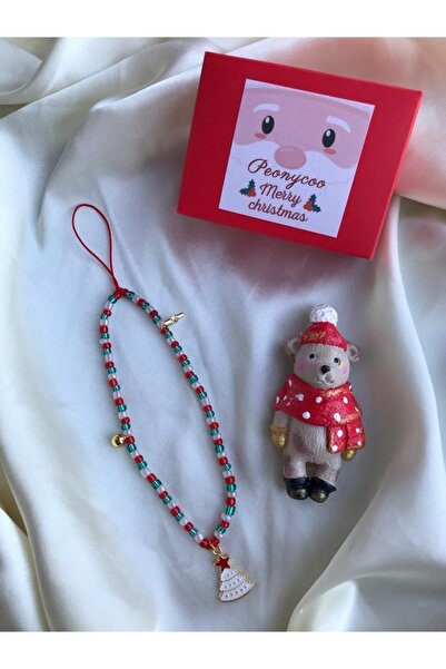 PEONY peonyofficiall New Year's Enameled White Pine Tree and Bell Detailed Phone Lanyard, New Year's Themed Christmas Phone Charm