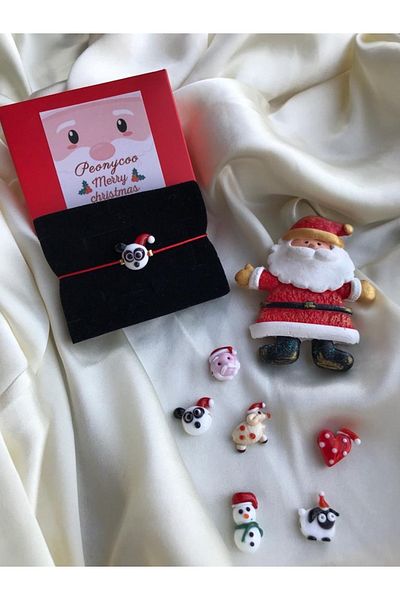 PEONY - peonyofficiall New Year's Themed Murano Glass Bracelet - Panda Christmas Pattern with Red String, Hat
