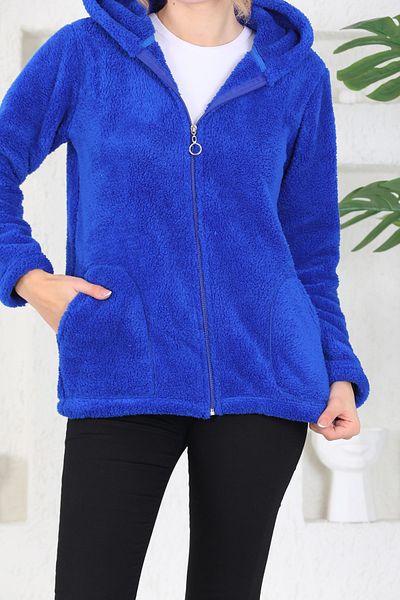 Kardelen Butik Ümraniye Plush Zippered Hooded Short Fleece Cardigan Saks Blue
