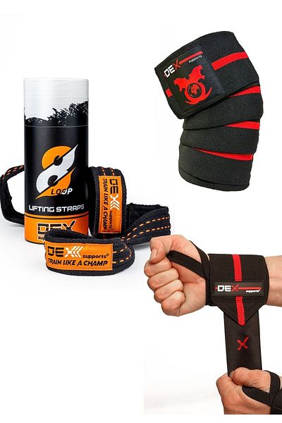 Dex Supports Fitness Knee Pad Knee Wraps Fitness Wristband Wrist Wraps Weight Lifting Strap 8 Loop Lifting Straps