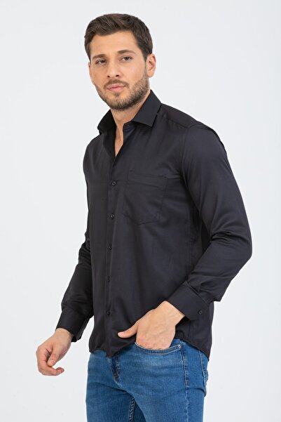 Varetta Ανδρικό μαύρο πουκάμισο με κλασικό σχέδιο με μακρυμάνικο μοτίβο και τσέπες