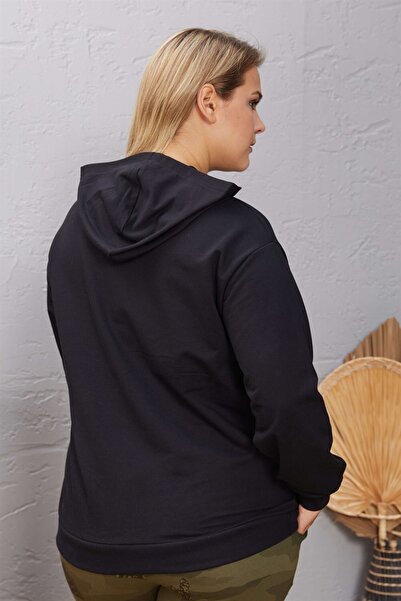 Seamoda Γυναικείο φούτερ με κουκούλα με λεπτομέρεια με κέντημα σε μεγάλο μέγεθος-μαύρο