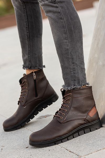 BOUIS Men's Daily Brown Faux Leather Lace Up Zippered High Top Boots Thick Sole Winter Shoes