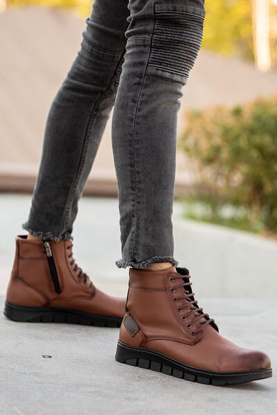 BOUIS Men's Daily Tan Faux Leather Lace Up Zippered High Top Boots Thick Serr...