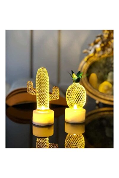 GÖZDEGÜLCE Metal Ananas-kaktüs Led Işık 2 Li Set Masaüstü Dekoratif Led Aydınlatma
