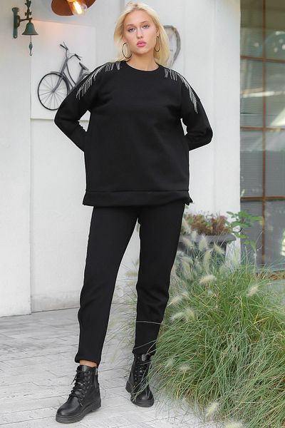 Chiccy Black Crew Neck Long Sleeve Standard Casual Cotton Knitted Suit with Chain