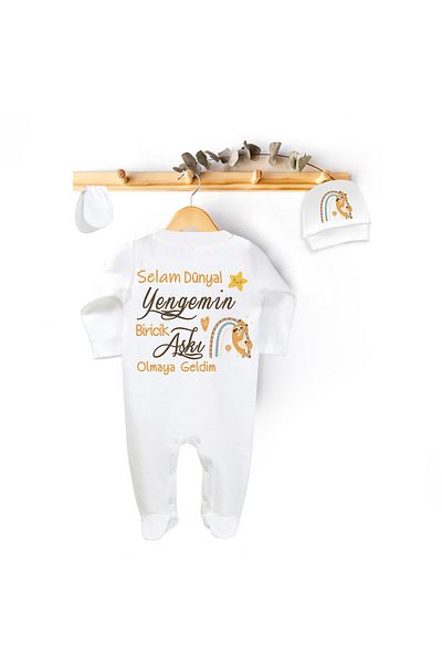 Niles Baby design for baby Yenge Written Jumpsuit Set 3 Pieces (Gloves Beret Jumpsuit) Hello I'm Here to Be the World Unique Love