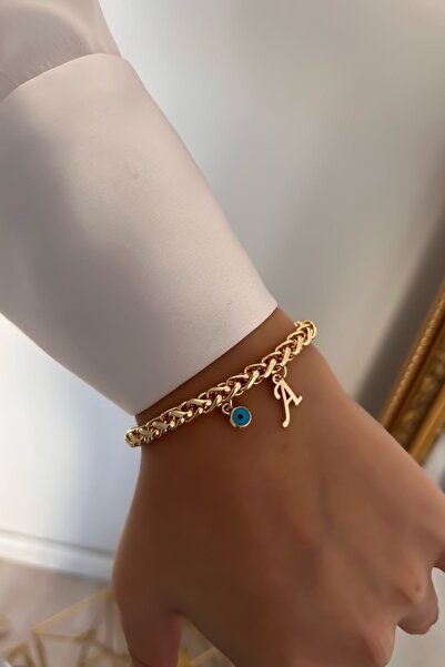Trendy Butik Kişiye Özel Kalın Zincir Model A Harfli Ve Nazarlı Bileklik