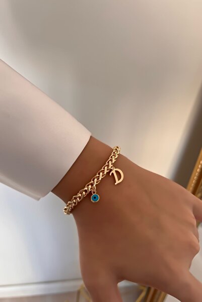 Trendy Butik Kişiye Özel Kalın Zincir Model D Harfli Ve Nazarlı Bileklik