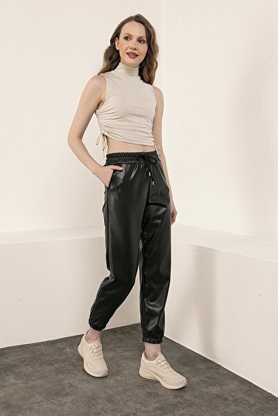 VERA LİFE Black Women's Leather Trousers with Elastic Waist and Legs