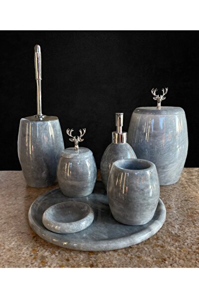 Genel Markalar 7 Li Gri Doğal Mermer Banyo Seti Gümüş Geyik Aksesuarlı Ev Ban...