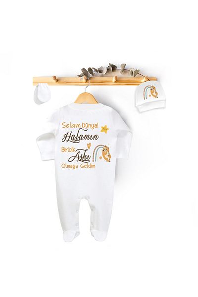 Niles Baby design for baby Still Written Jumpsuit Set 3 Pieces (Gloves Beret Jumpsuit) Hello I'm Here to Be the World Unique Love