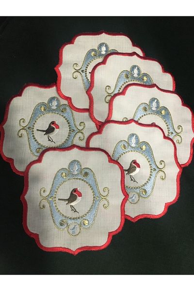 EKKE HOME Bird Patterned Set of 6 Red Embroidered Cocktail Napkins