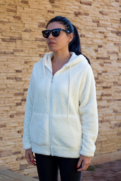 Azıcık Akıllı Γυναικείο λευκό βελούδινο μπουφάν με φερμουάρ με κουκούλα τσέπες Welsoft 22KCKTERES