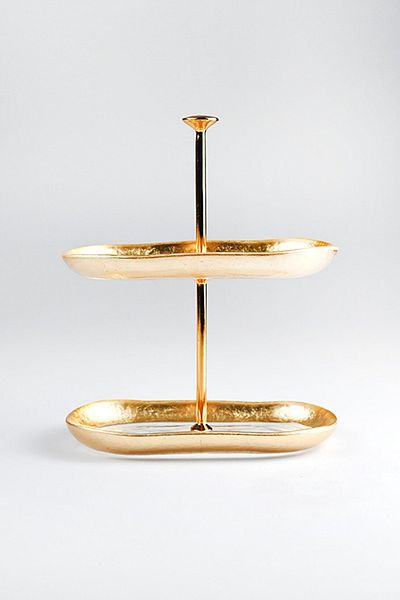 HERITAGE Gold Leaf Band Detailed Presentation Serving Plate 2 Layer Glass with Shelf
