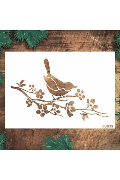 STENCİLTASARIM Stencil Design Ku039 Bird on Plum Branch - Decorative Wall, Item, Tiles, Fabric Painting Templates
